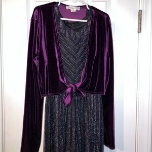 Knitworks Purple Velvet Cardigan and Metallic stripe one piece pantsuit Ensemble